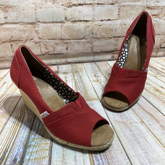 Toms Shoes - TOMS Red Canvas Wedge Heels Open Toe Shoes Sandals